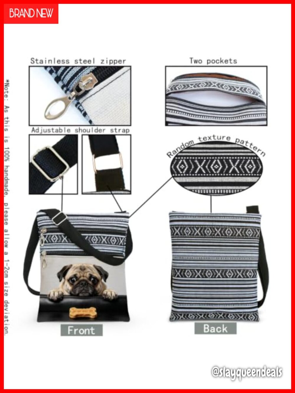 Pug Print Crossbody Bag Boho Polyester Adjustable Strap Multi Zip Purse Small - Picture 5 of 6